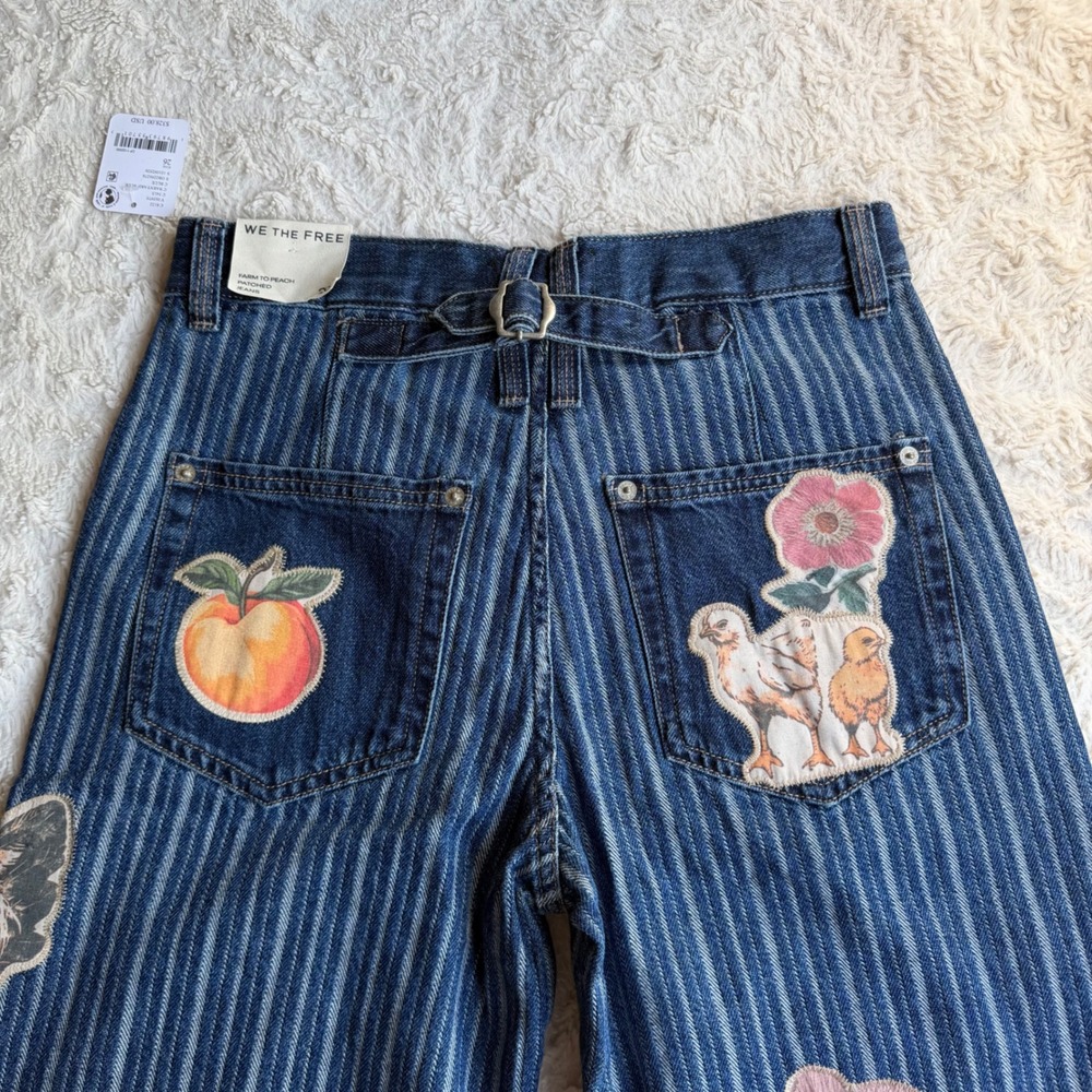New Free People We The Free Farm To Peach Patched Jeans Barnyard Blue NWT‎ 26 - Picture 7 of 12